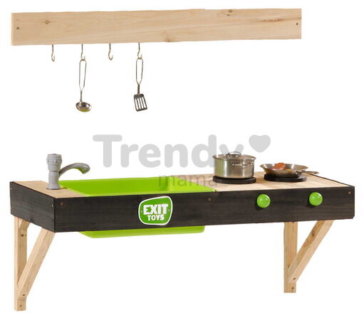 Záhradná kuchynka Yummy 50 Wooden Mud Kitchen Exit Toys s tečúcou vodou v dreze a kuchynským náradím ET51100000