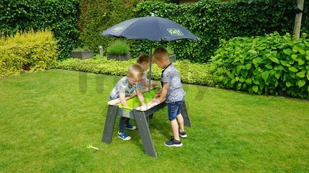 Pieskovisko cédrové stôl na vodu a piesok Aksent sand&water table Deluxe Exit Toys veľké s krytom slnečníkom a záhradným náradím