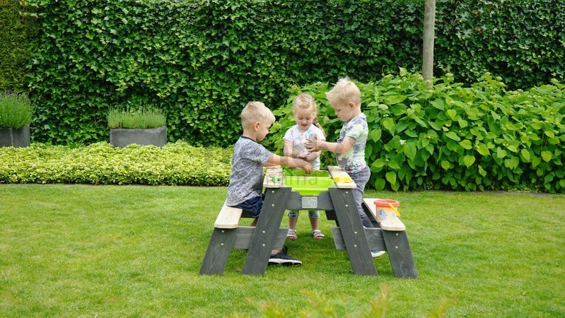 Pieskovisko cédrové stôl na vodu a piesok Aksent sand&water table Exit Toys piknikové s 2 lavicami a krytom