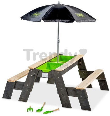 Pieskovisko cédrové stôl na vodu a piesok Aksent sand&water table Deluxe Exit Toys piknikové s 2 lavicami slnečníkom krytom a doplnkami