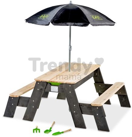 Pieskovisko cédrové stôl na vodu a piesok Aksent sand&water table Deluxe Exit Toys piknikové s 2 lavicami slnečníkom krytom a doplnkami