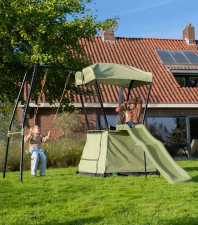 Hracia veža multifunkčná s hojdačkou Ivy play tower swing Exit Toys so stanom pieskoviskom a šmykľavkou kovová konštrukcia