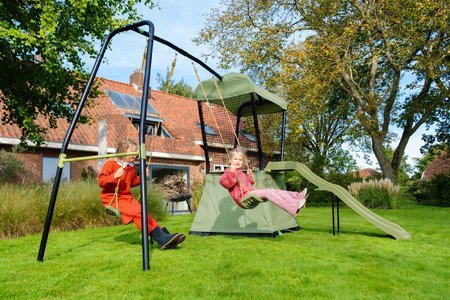 Hracia veža multifunkčná s 2 hojdačkami Ivy play tower double swing Exit Toys so stanom pieskoviskom a šmykľavkou kovová konštrukcia