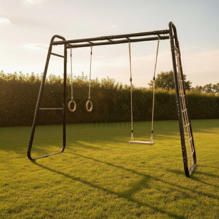 Multifunkčné fitness centrum GetSet Monkeybar MB210 Black Exit Toys rozšíriteľné s gymnastickými kruhmi hojdačkou a sieťou na šplhanie ET54201050