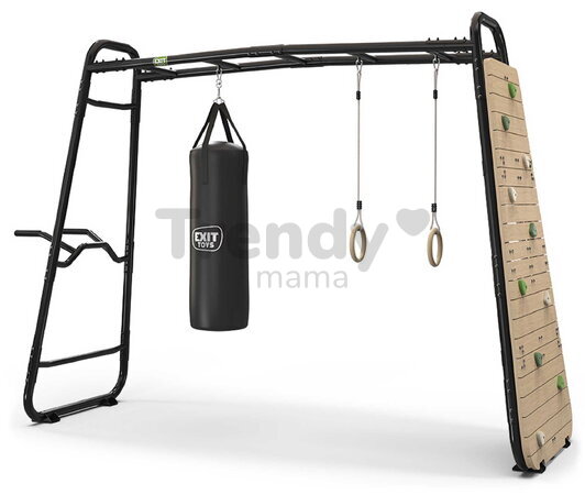 Multifunkčné fitness centrum GetSet Monkeybar MB220 Black Exit Toys rozšíriteľné s gymnastickými kruhmi boxovacím vrecom lezeckou stenou a bradlami