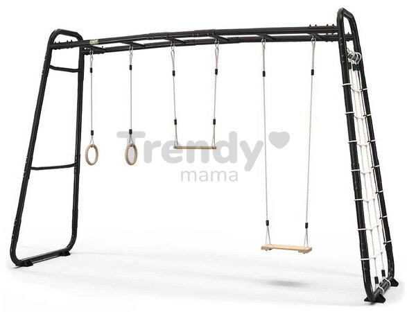 Multifunkčné fitness centrum GetSet Monkeybar MB310 Black Exit Toys rozšíriteľné s gymnastickými kruhmi hojdačkou hrazdou a sieťou na šplhanie ET54301