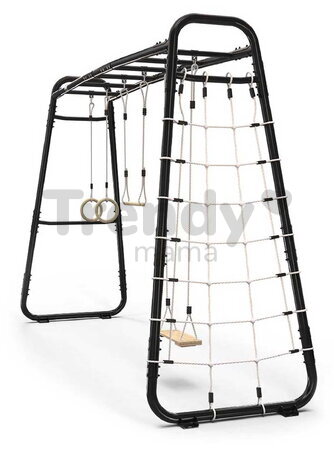 Multifunkčné fitness centrum GetSet Monkeybar MB310 Black Exit Toys rozšíriteľné s gymnastickými kruhmi hojdačkou hrazdou a sieťou na šplhanie ET54301