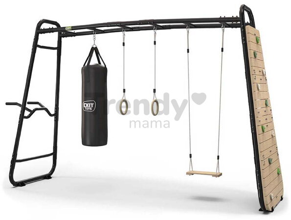 Multifunkčné fitness centrum GetSet Monkeybar MB320 Black Exit Toys rozšíriteľné s gymnastickými kruhmi boxovacím vrecom lezeckou stenou hojdačkou a b