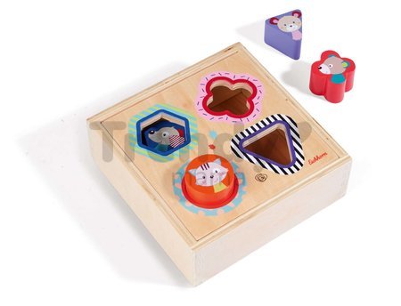 Drevená vkladačka Shape Sorter Box Friends Eichhorn so 4 kockami s motívom zvieratiek od 12 mes