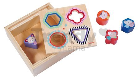 Drevená vkladačka Shape Sorter Box Friends Eichhorn so 4 kockami s motívom zvieratiek od 12 mes