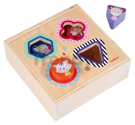 Drevená vkladačka Shape Sorter Box Friends Eichhorn so 4 kockami s motívom zvieratiek od 12 mes
