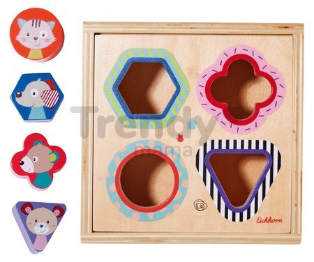 Drevená vkladačka Shape Sorter Box Friends Eichhorn so 4 kockami s motívom zvieratiek od 12 mes