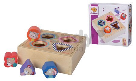 Drevená vkladačka Shape Sorter Box Friends Eichhorn so 4 kockami s motívom zvieratiek od 12 mes