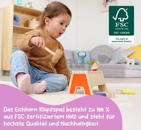Drevená hra zatĺkačka Zvieratká Knocking Game Pop Up Eichhorn s kladivkom pre rozvoj jemnej motoriky od 12 mes