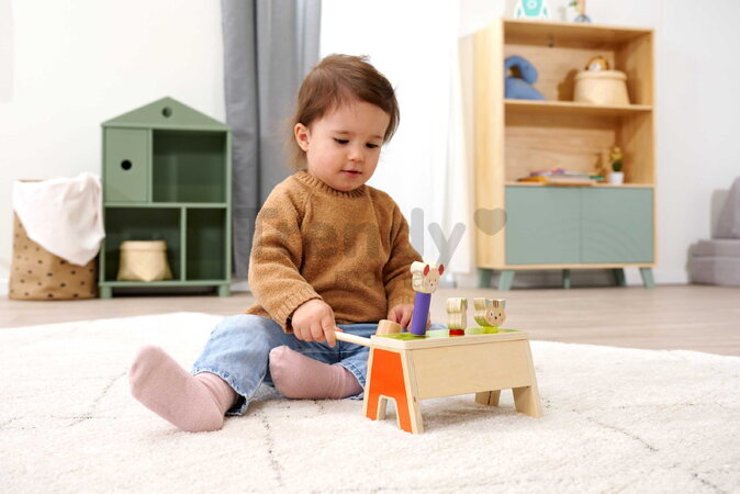 Drevená hra zatĺkačka Zvieratká Knocking Game Pop Up Eichhorn s kladivkom pre rozvoj jemnej motoriky od 12 mes