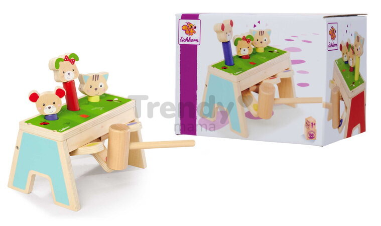 Drevená hra zatĺkačka Zvieratká Knocking Game Pop Up Eichhorn s kladivkom pre rozvoj jemnej motoriky od 12 mes