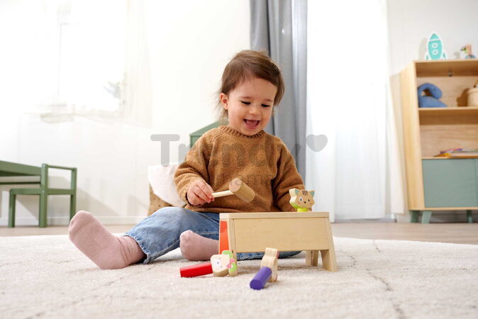 Drevená hra zatĺkačka Zvieratká Knocking Game Pop Up Eichhorn s kladivkom pre rozvoj jemnej motoriky od 12 mes