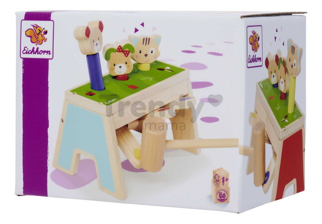 Drevená hra zatĺkačka Zvieratká Knocking Game Pop Up Eichhorn s kladivkom pre rozvoj jemnej motoriky od 12 mes