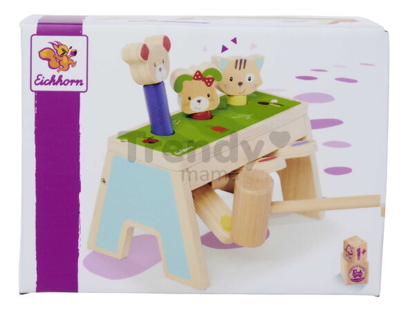 Drevená hra zatĺkačka Zvieratká Knocking Game Pop Up Eichhorn s kladivkom pre rozvoj jemnej motoriky od 12 mes