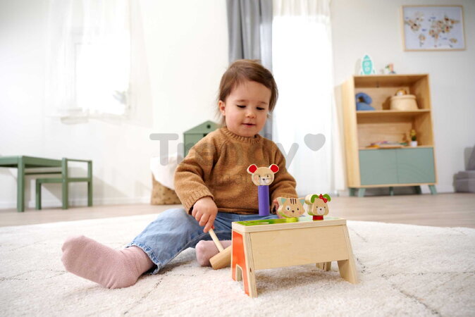 Drevená hra zatĺkačka Zvieratká Knocking Game Pop Up Eichhorn s kladivkom pre rozvoj jemnej motoriky od 12 mes