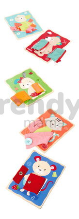 Drevená hra Obleč zvieratká Dressboard Fabric Eichhorn 5 zvieratiek s rôznymi typmi zapínania pre rozvoj jemnej motoriky