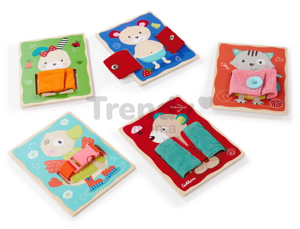 Drevená hra Obleč zvieratká Dressboard Fabric Eichhorn 5 zvieratiek s rôznymi typmi zapínania pre rozvoj jemnej motoriky