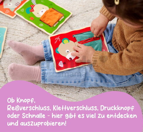 Drevená hra Obleč zvieratká Dressboard Fabric Eichhorn 5 zvieratiek s rôznymi typmi zapínania pre rozvoj jemnej motoriky