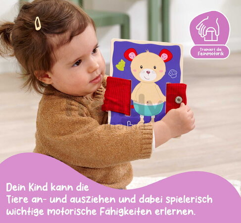 Drevená hra Obleč zvieratká Dressboard Fabric Eichhorn 5 zvieratiek s rôznymi typmi zapínania pre rozvoj jemnej motoriky