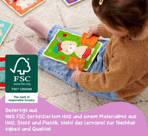 Drevená hra Obleč zvieratká Dressboard Fabric Eichhorn 5 zvieratiek s rôznymi typmi zapínania pre rozvoj jemnej motoriky