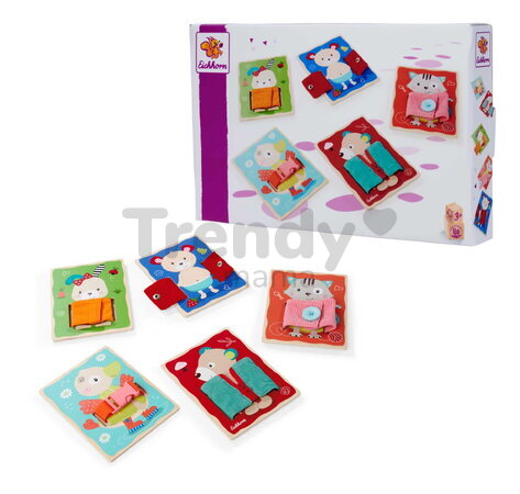 Drevená hra Obleč zvieratká Dressboard Fabric Eichhorn 5 zvieratiek s rôznymi typmi zapínania pre rozvoj jemnej motoriky