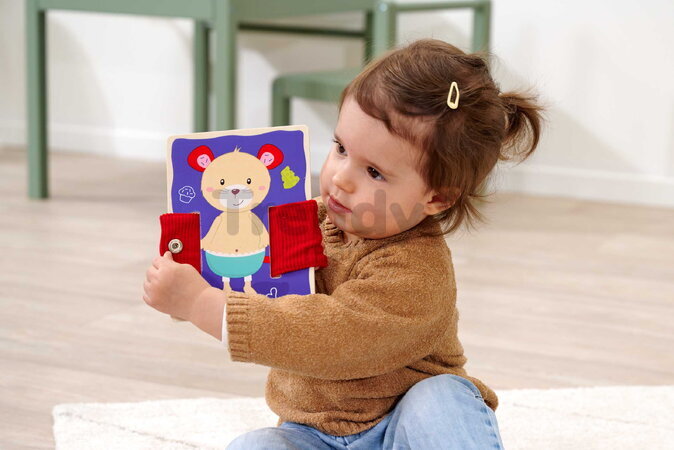 Drevená hra Obleč zvieratká Dressboard Fabric Eichhorn 5 zvieratiek s rôznymi typmi zapínania pre rozvoj jemnej motoriky