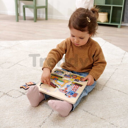 Drevené vkladacie puzzle Stavebné stroje Construction Vehicles Eichhorn 12 dielikov so základňou od 24 mes