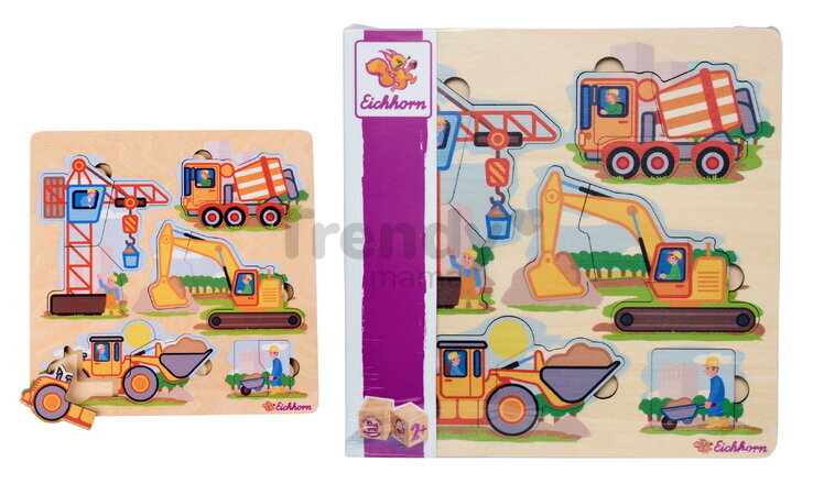 Drevené vkladacie puzzle Stavebné stroje Construction Vehicles Eichhorn 12 dielikov so základňou od 24 mes