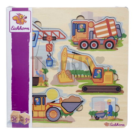 Drevené vkladacie puzzle Stavebné stroje Construction Vehicles Eichhorn 12 dielikov so základňou od 24 mes