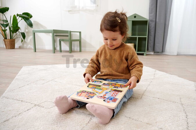 Drevené vkladacie puzzle Stavebné stroje Construction Vehicles Eichhorn 12 dielikov so základňou od 24 mes