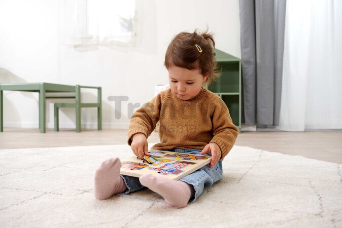 Drevené vkladacie puzzle Stavebné stroje Construction Vehicles Eichhorn 12 dielikov so základňou od 24 mes