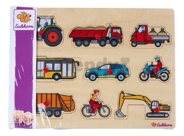 Drevené vkladacie puzzle Vozidlá Vehicles Eichhorn 9 dielikov so základňou od 12 mes