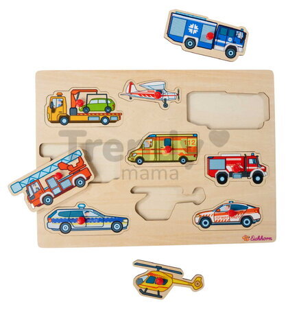 Drevené vkladacie puzzle Záchranné vozidlá Emergency Vehicles Eichhorn 9 dielikov so základňou od 12 mes