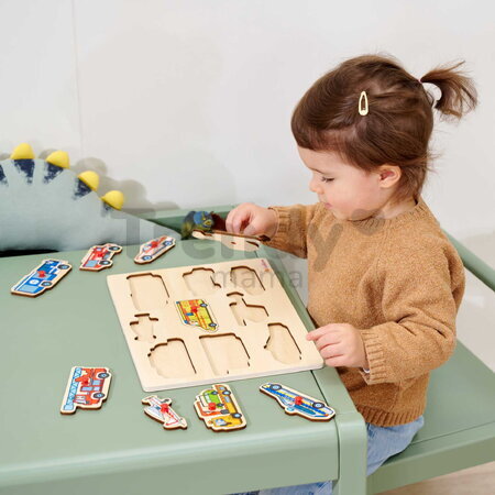 Drevené vkladacie puzzle Záchranné vozidlá Emergency Vehicles Eichhorn 9 dielikov so základňou od 12 mes