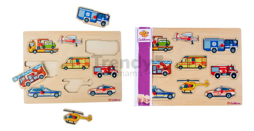 Drevené vkladacie puzzle Záchranné vozidlá Emergency Vehicles Eichhorn 9 dielikov so základňou od 12 mes
