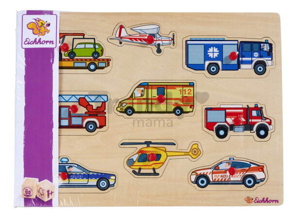 Drevené vkladacie puzzle Záchranné vozidlá Emergency Vehicles Eichhorn 9 dielikov so základňou od 12 mes