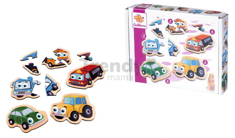 Drevené puzzle autíčka Puzzle Vehicles Eichhorn 5 modelov s 2-6 dielikmi od 24 mes EH5491