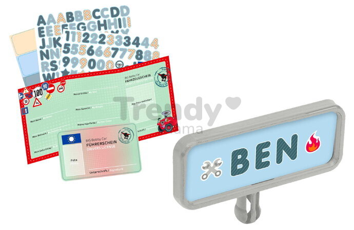 Značka s menom a vodičský preukaz Bobby Car My Own Plate BIG s osvedčením o registrácii a nálepkami od 12 mes