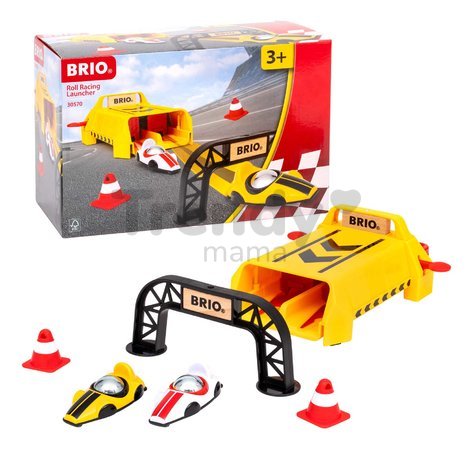 Štartovacia rampa pre autíčka Roll Racing Launcher BRIO žlté a biele pretekárske modely s kužeľmi a cieľom od 3 rokov BRIO5708