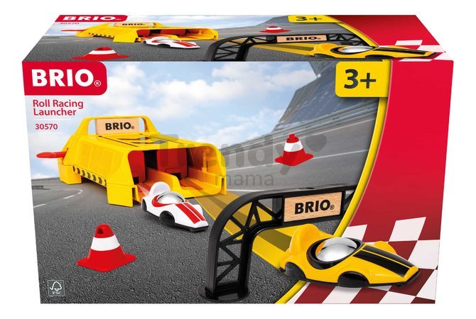 Štartovacia rampa pre autíčka Roll Racing Launcher BRIO žlté a biele pretekárske modely s kužeľmi a cieľom od 3 rokov BRIO5708