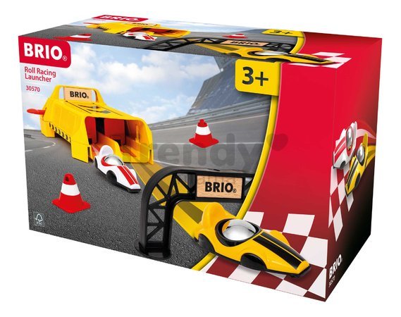 Štartovacia rampa pre autíčka Roll Racing Launcher BRIO žlté a biele pretekárske modely s kužeľmi a cieľom od 3 rokov BRIO5708