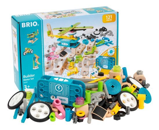 Drevená stavebnica s funkčným motorom Builder Motor Set BRIO elektronická 120 dielov s pracovným náradím od 3 rokov BRIO5919