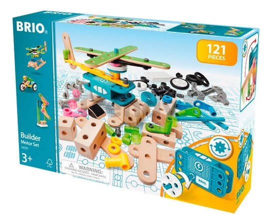 Drevená stavebnica s funkčným motorom Builder Motor Set BRIO elektronická 120 dielov s pracovným náradím od 3 rokov BRIO5919