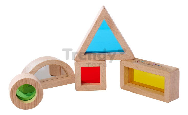 Drevené kocky s okienkami a zrkadlom Montessori Window Bricks Eichhorn 5 dielikov s rôznymi tvarmi od 12 mes