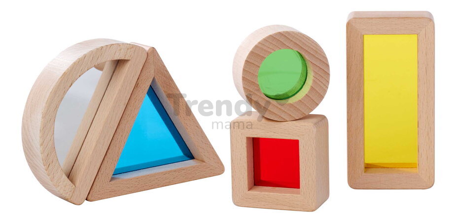 Drevené kocky s okienkami a zrkadlom Montessori Window Bricks Eichhorn 5 dielikov s rôznymi tvarmi od 12 mes